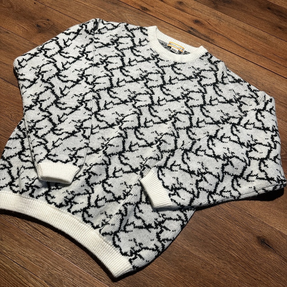 Vintage Adam Sloane White Black Abstract Knit Sweater Mens Large